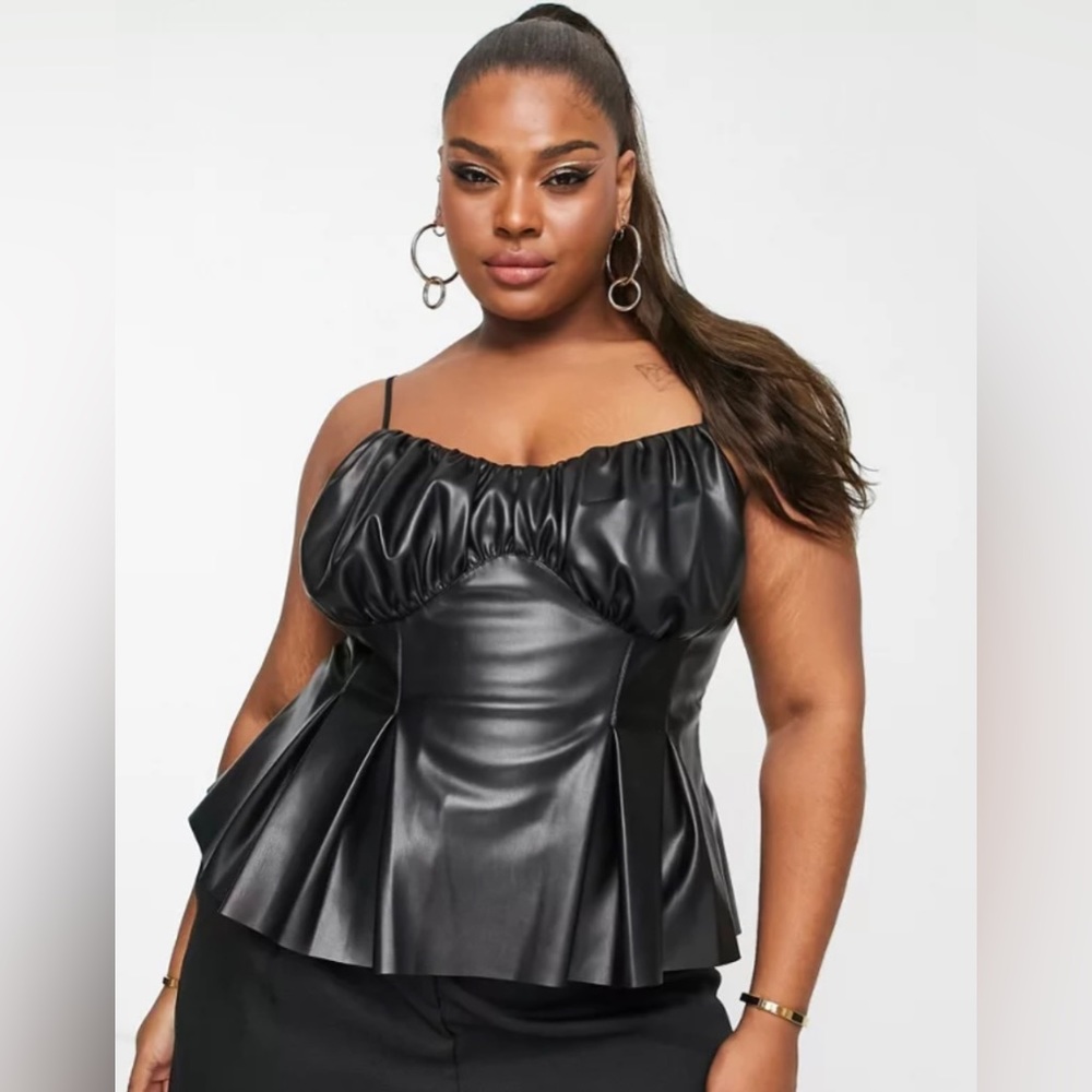 ASOS DESIGN Curve Seamed PU Cami with Ruched Bust in Black